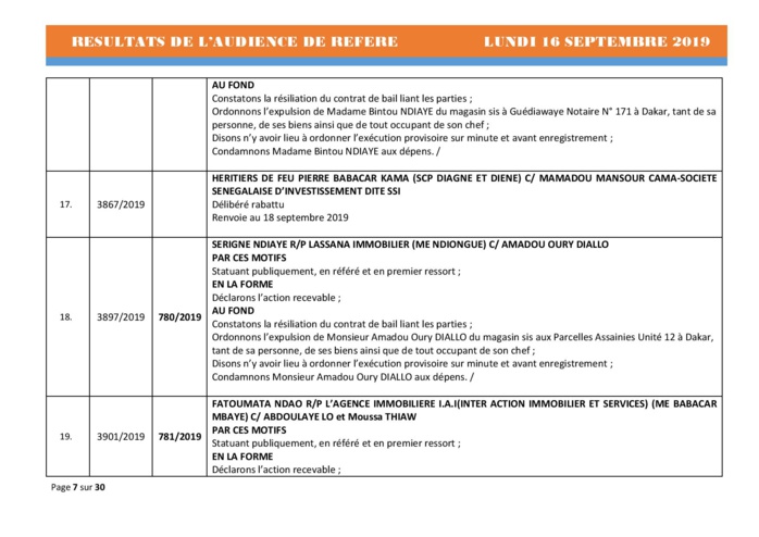 Tribunal du Commerce: Délibérés des Audiences du lundi 16 septembre