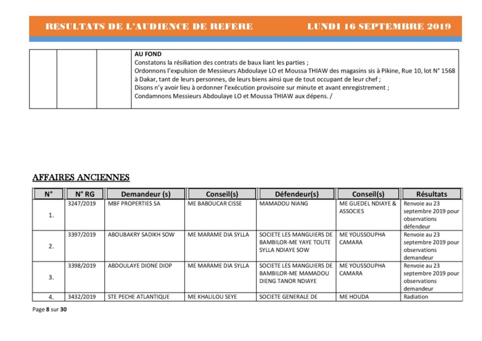 Tribunal du Commerce: Délibérés des Audiences du lundi 16 septembre