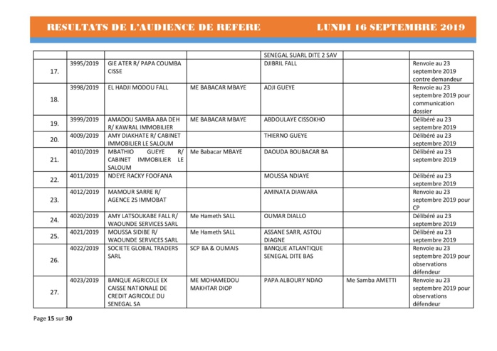 Tribunal du Commerce: Délibérés des Audiences du lundi 16 septembre