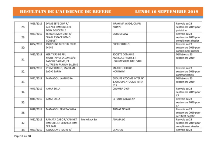 Tribunal du Commerce: Délibérés des Audiences du lundi 16 septembre