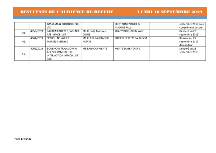 Tribunal du Commerce: Délibérés des Audiences du lundi 16 septembre