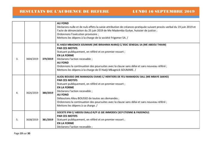 Tribunal du Commerce: Délibérés des Audiences du lundi 16 septembre