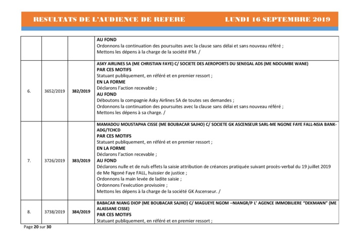 Tribunal du Commerce: Délibérés des Audiences du lundi 16 septembre