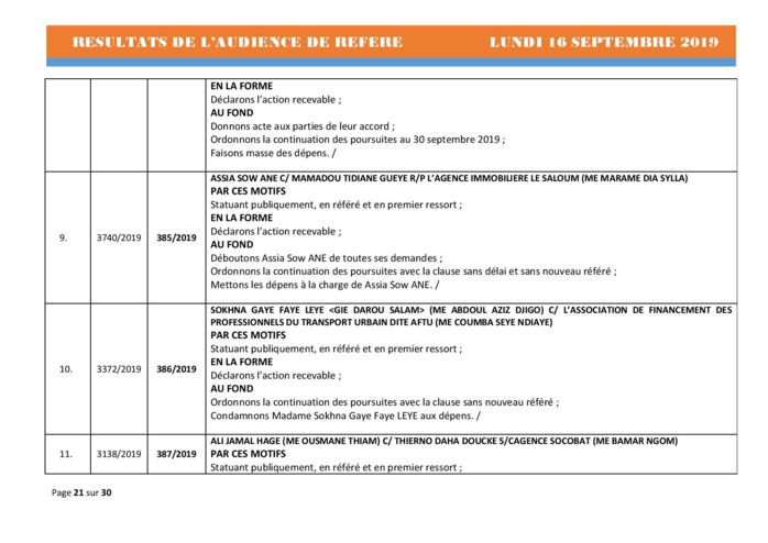 Tribunal du Commerce: Délibérés des Audiences du lundi 16 septembre