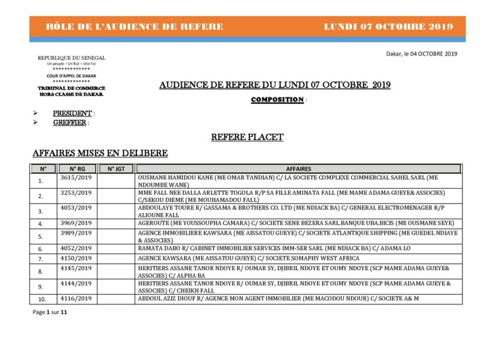 Tribnal du Commerce: Audiences des Référés de ce lundi 7 octobre 2019