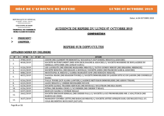 Tribnal du Commerce: Audiences des Référés de ce lundi 7 octobre 2019