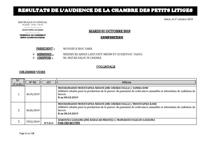 Tribunal du Commerce: Délibérés des Audiences de la Chambre des Petits Litiges du mardi 1 octobre