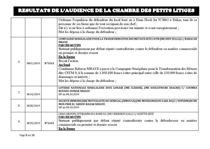 Tribunal du Commerce: Délibérés des Audiences de la Chambre des Petits Litiges du mardi 1 octobre