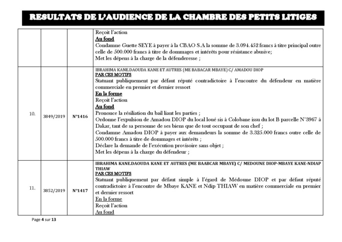 Tribunal du Commerce: Délibérés des Audiences de la Chambre des Petits Litiges du mardi 1 octobre