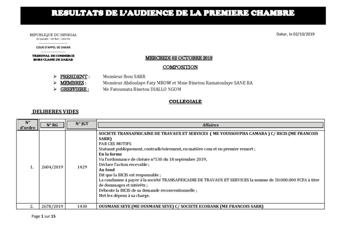 Tribunal du Commerce: Délibérés des Audiences du mercredi 2 octobre