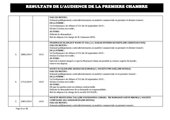 Tribunal du Commerce: Délibérés des Audiences du mercredi 2 octobre