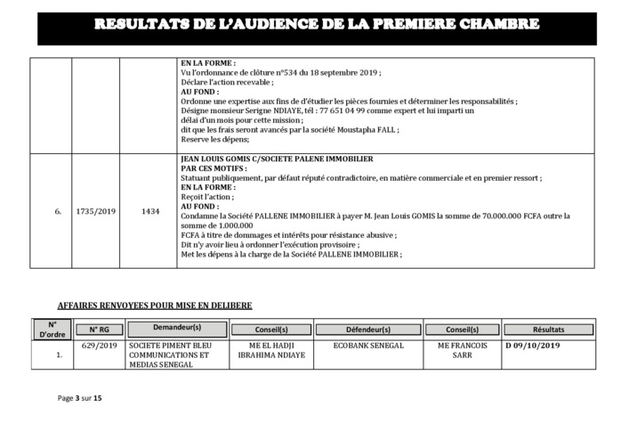 Tribunal du Commerce: Délibérés des Audiences du mercredi 2 octobre