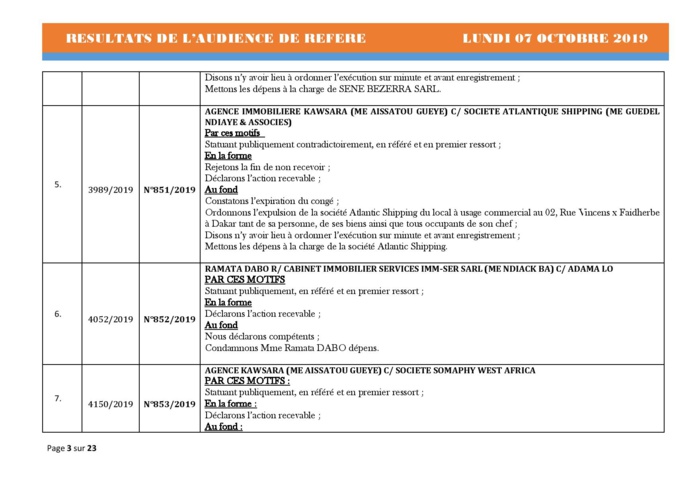 Tribunal du Commerce: Délibérés des Audiences de Référés du lundi 7 octobre