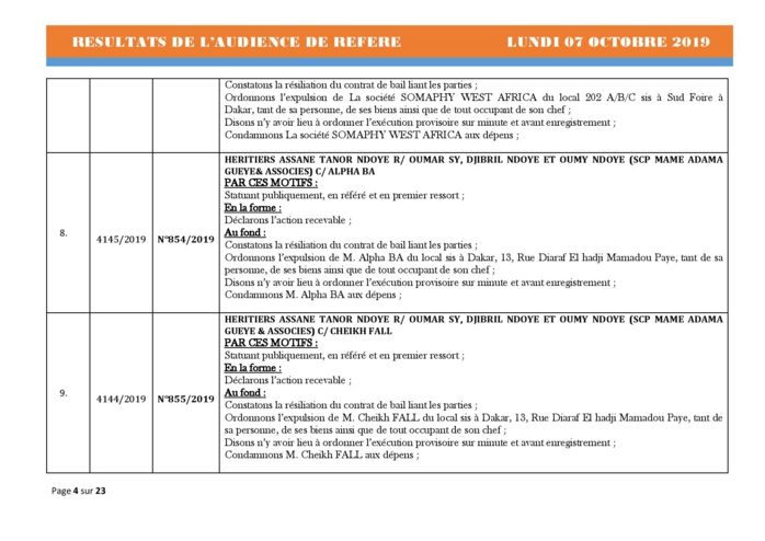 Tribunal du Commerce: Délibérés des Audiences de Référés du lundi 7 octobre