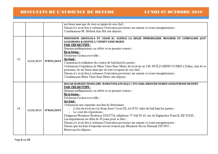 Tribunal du Commerce: Délibérés des Audiences de Référés du lundi 7 octobre