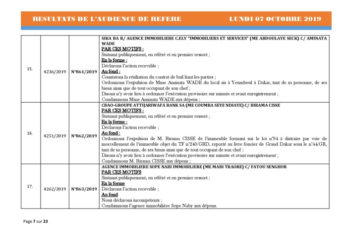 Tribunal du Commerce: Délibérés des Audiences de Référés du lundi 7 octobre