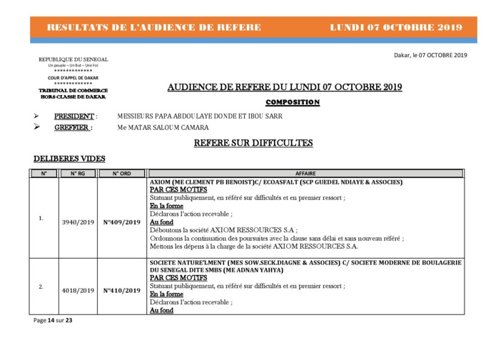 Tribunal du Commerce: Délibérés des Audiences de Référés du lundi 7 octobre