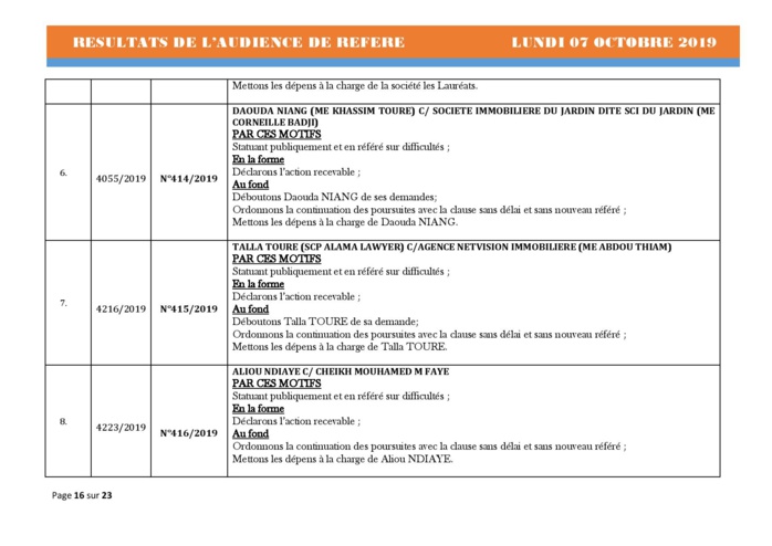 Tribunal du Commerce: Délibérés des Audiences de Référés du lundi 7 octobre