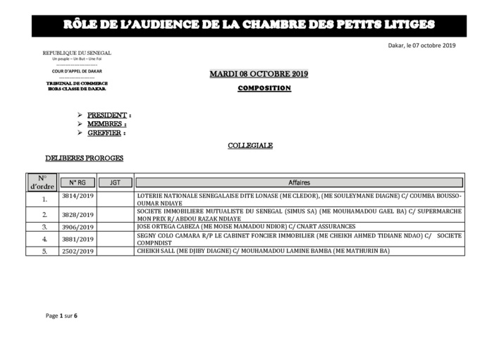 Tribnal du Commerce: Audiences de la Chambre des Petits Litiges de ce mardi 8 octobre