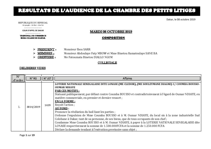 Tribunal du Commerce: Délibérés des Audiences de la Chambre des Petits Litiges du mardi 8 octobre