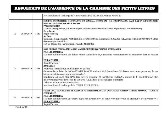 Tribunal du Commerce: Délibérés des Audiences de la Chambre des Petits Litiges du mardi 8 octobre