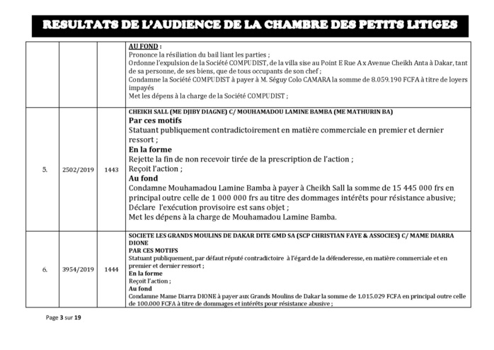 Tribunal du Commerce: Délibérés des Audiences de la Chambre des Petits Litiges du mardi 8 octobre