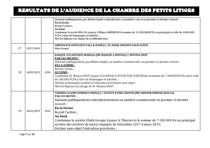 Tribunal du Commerce: Délibérés des Audiences de la Chambre des Petits Litiges du mardi 8 octobre