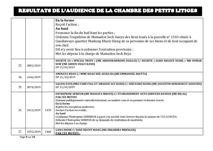 Tribunal du Commerce: Délibérés des Audiences de la Chambre des Petits Litiges du mardi 8 octobre