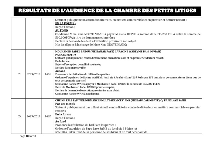 Tribunal du Commerce: Délibérés des Audiences de la Chambre des Petits Litiges du mardi 8 octobre