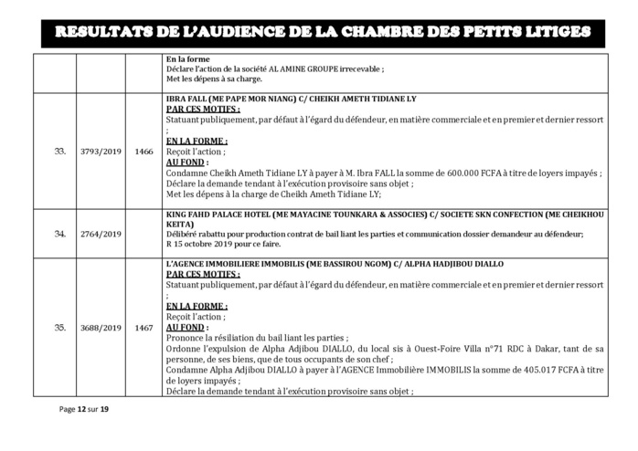 Tribunal du Commerce: Délibérés des Audiences de la Chambre des Petits Litiges du mardi 8 octobre