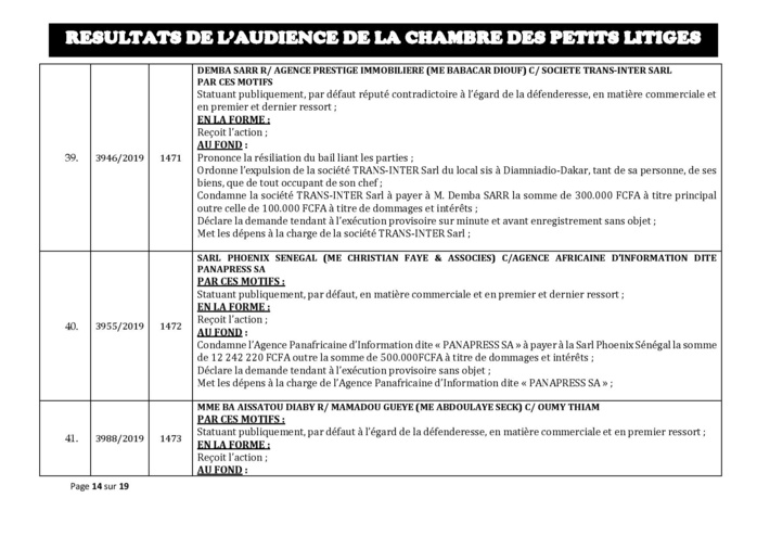 Tribunal du Commerce: Délibérés des Audiences de la Chambre des Petits Litiges du mardi 8 octobre