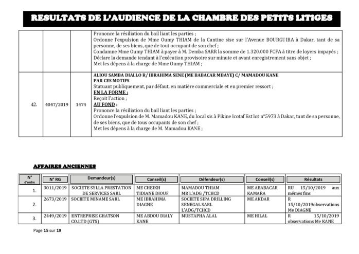 Tribunal du Commerce: Délibérés des Audiences de la Chambre des Petits Litiges du mardi 8 octobre