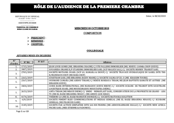 Tribunal du Commerce: Audiences de la Première Chambre de ce mercredi 9 octobre