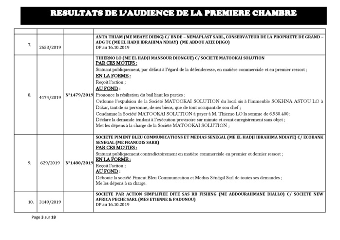 Tribunal du Commerce: Délibérés des Audiences du mercredi 9 octobre