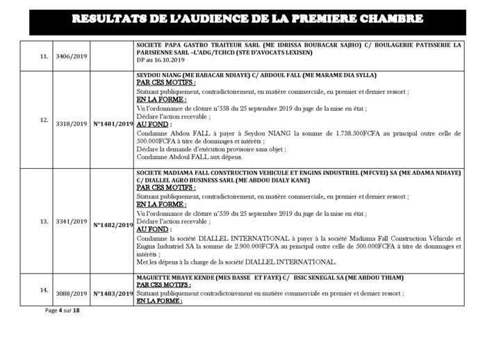 Tribunal du Commerce: Délibérés des Audiences du mercredi 9 octobre