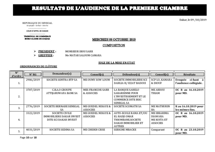 Tribunal du Commerce: Délibérés des Audiences du mercredi 9 octobre