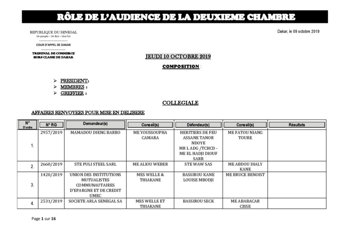 Tribunal du Commerce: Audiences de la 2e Chambre de ce jeudi 10 octobre