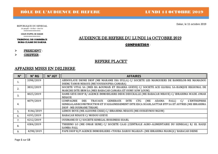 Tribunal du Commerce: Audiences des Référés de ce lundi 14 octobre 