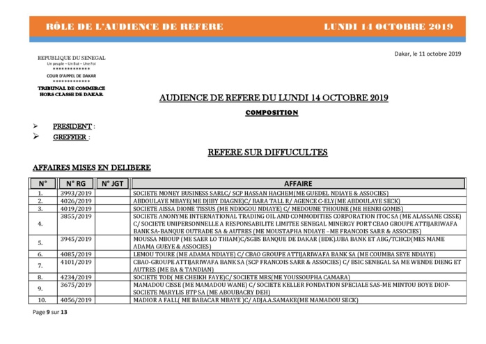 Tribunal du Commerce: Audiences des Référés de ce lundi 14 octobre 