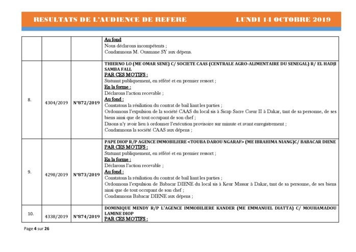 Tribunal du Commerce: Délibérés des Audiences de Référés du lundi 14 octobre 