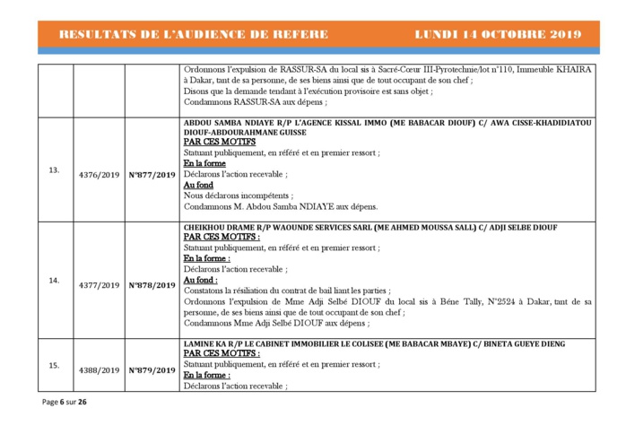 Tribunal du Commerce: Délibérés des Audiences de Référés du lundi 14 octobre 