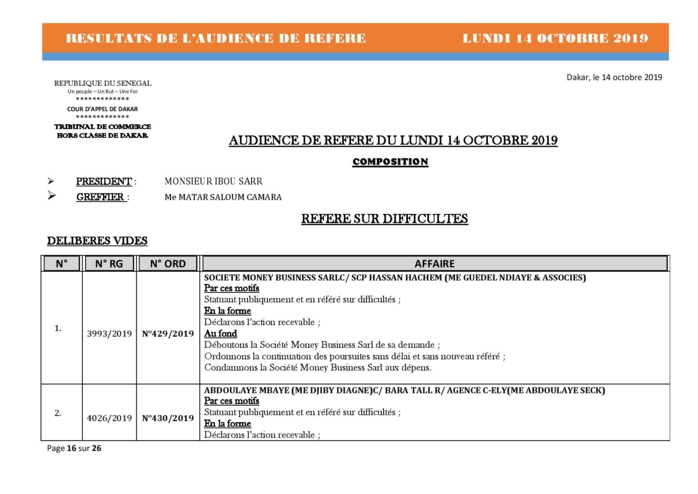 Tribunal du Commerce: Délibérés des Audiences de Référés du lundi 14 octobre 