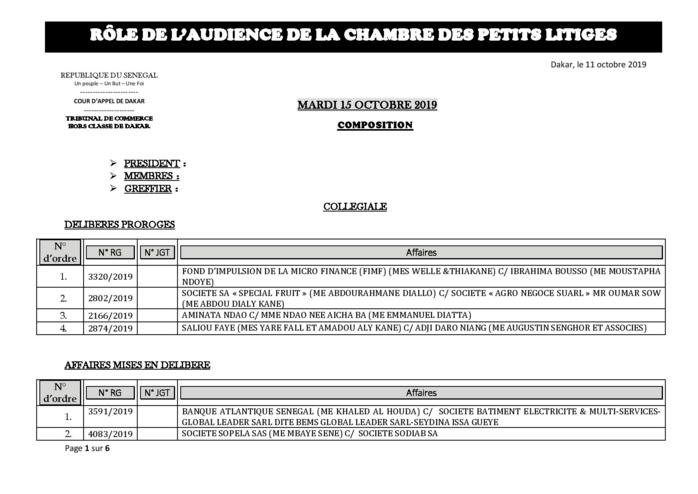 Tribunal du Commerce: Audiences de la Chambre des Petits Litiges de ce mardi 15 octobre