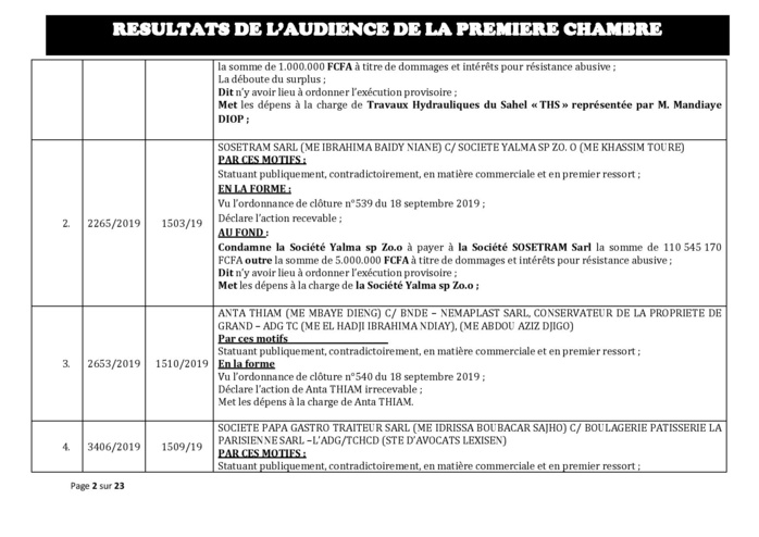 Tribunal du Commerce: Délibérés des Audiences du mercredi 16 octobre