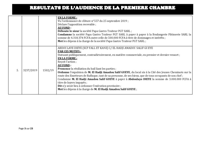 Tribunal du Commerce: Délibérés des Audiences du mercredi 16 octobre