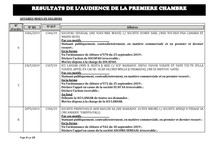 Tribunal du Commerce: Délibérés des Audiences du mercredi 16 octobre