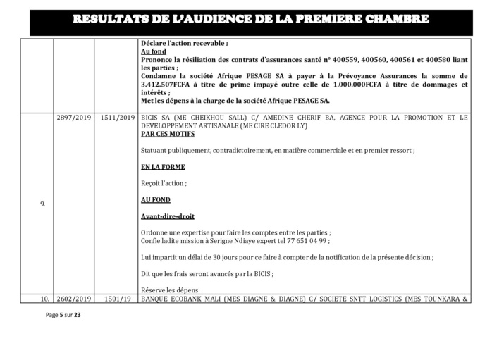 Tribunal du Commerce: Délibérés des Audiences du mercredi 16 octobre