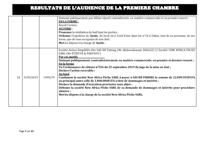 Tribunal du Commerce: Délibérés des Audiences du mercredi 16 octobre