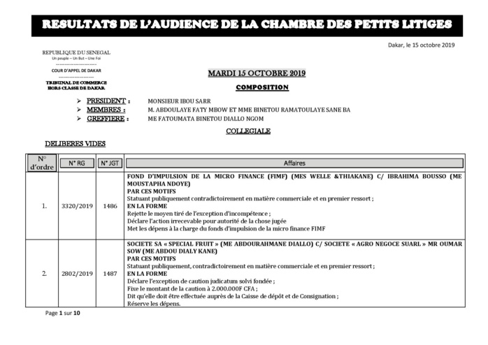 Tribunal du Commerce: Délibérés des Audiences de la Chambre des Petits Litiges du mardi 15 octobre