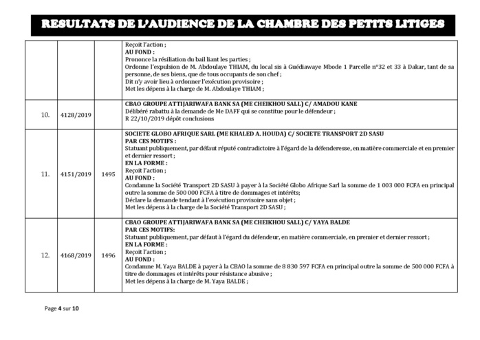 Tribunal du Commerce: Délibérés des Audiences de la Chambre des Petits Litiges du mardi 15 octobre